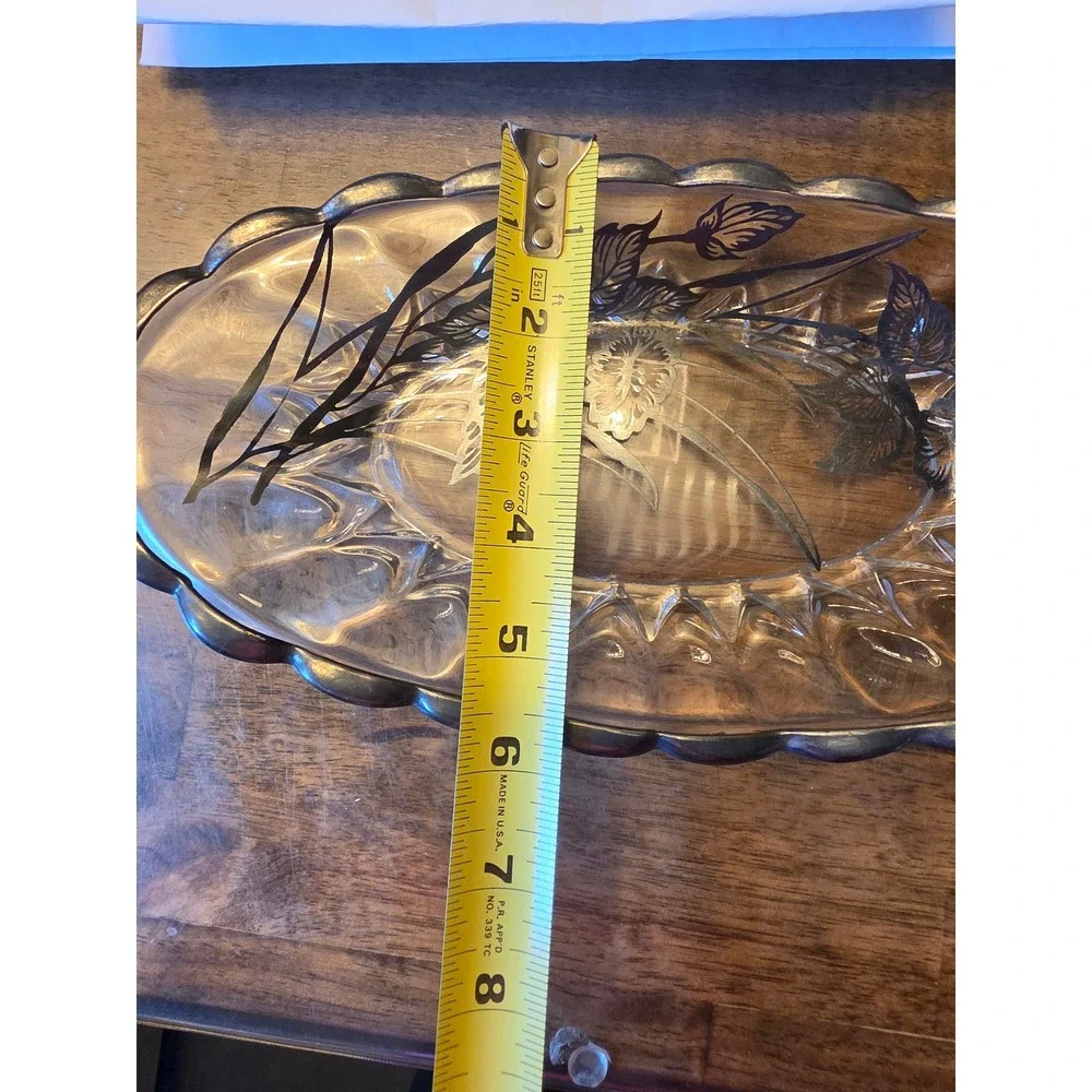 Vintage Silver Overlay Glass Oval Bowl Scalloped Floral Butterfly Serving Dish
